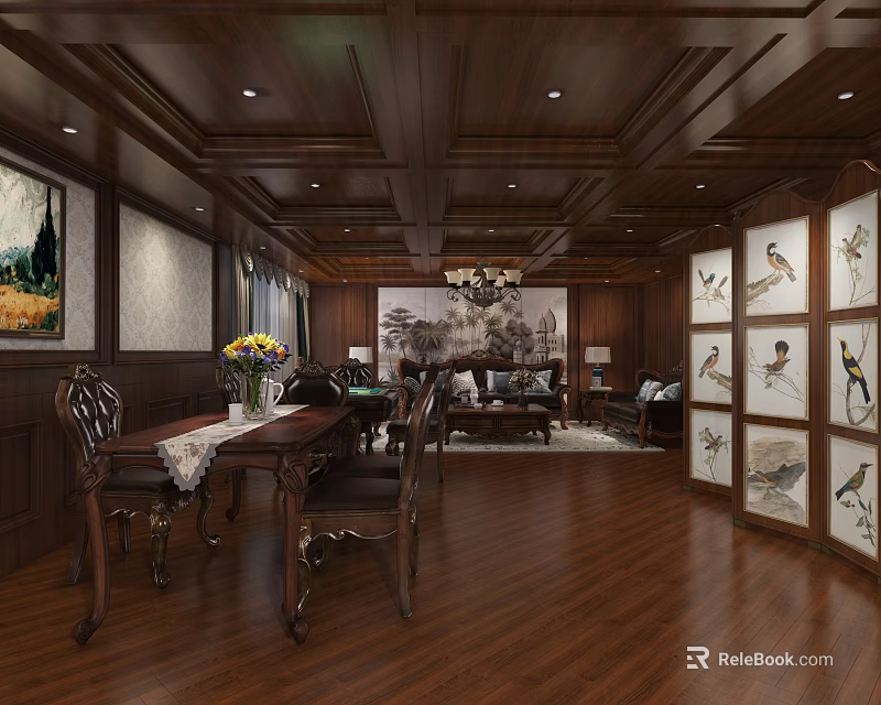 Luxurious Private Room with Wooden Decor Dining Table Sofa Chandelier Bird Paintings and Flower Vase 3d model 