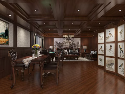 Luxurious Private Room with Wooden Decor Dining Table Sofa Chandelier Bird Paintings and Flower Vase 3d model