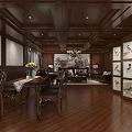 Luxurious Private Room with Wooden Decor Dining Table Sofa Chandelier Bird Paintings and Flower Vase