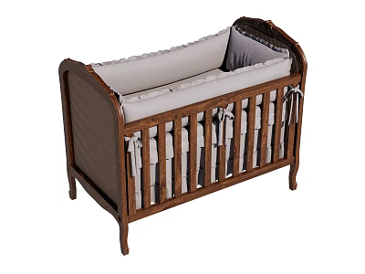 Classic Wooden Baby Crib With Brown Frame Gray Mattress And Bow Details 3d model