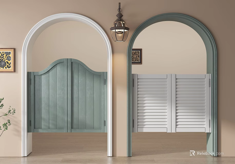 Arched Doorways Featuring Light Green Wooden And White Louvered Doors In Interior Decor 3d model 