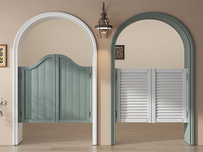 Arched Doorways Featuring Light Green Wooden And White Louvered Doors In Interior Decor 3d model