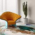 Modern Interior With Orange Armchair Blue Base Transparent Coffee Table Large Cactus Abstract Painting Rug