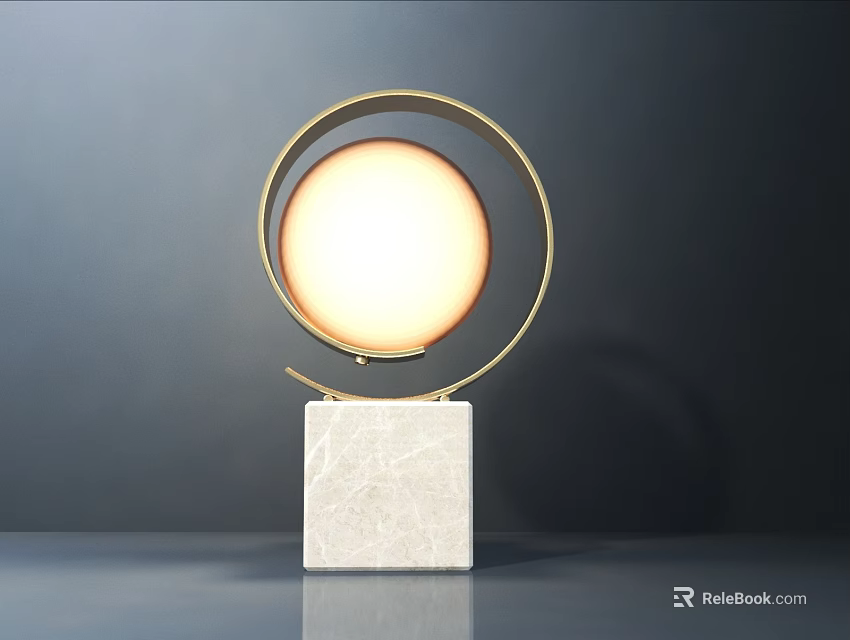Modern Table Lamp With Golden Circular Frame Glowing Round Lampshade And White Marble Base 3d model 