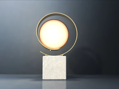 Modern Table Lamp With Golden Circular Frame Glowing Round Lampshade And White Marble Base 3d model