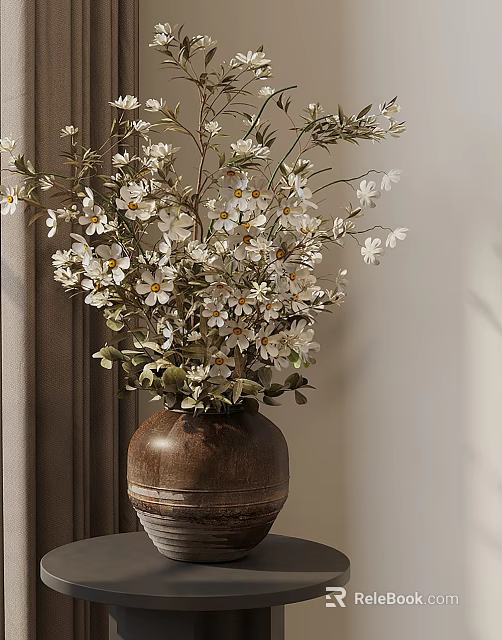 Bonsai Plant With White Small Flowers In Brown Pottery Pot And Indoor Curtain Wall 3d model 
