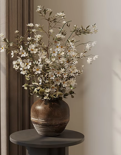 Bonsai Plant With White Small Flowers In Brown Pottery Pot And Indoor Curtain Wall 3d model