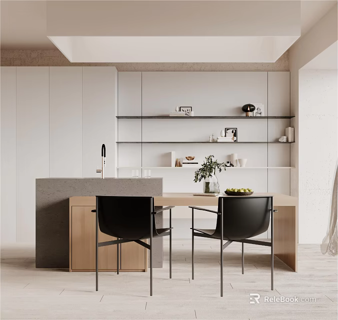 Modern Restaurant Interior With Wooden Dining Table Pendant Lights And Green Plants 3d model 