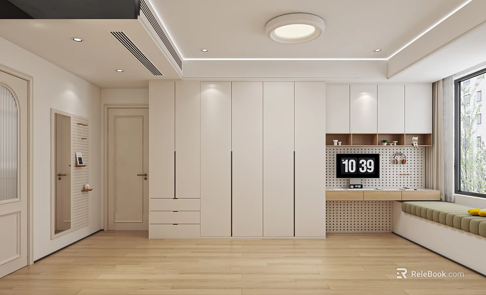 Modern Walk in Closet Interior With Light Cabinets And Wooden Floor 3d model 
