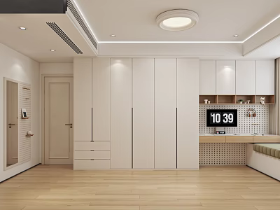Modern Walk in Closet Interior With Light Cabinets And Wooden Floor 3d model