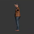 A Man With Cap In Brown Jacket Black T-shirt Blue Jeans Arms Outstretched Gray Background