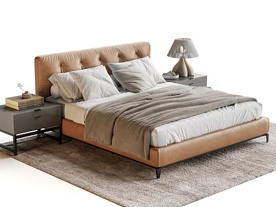 Double Bed With Brown Leather Headboard Gray Pillows Blanket And Nightstands With Lamp On Rug 3d model