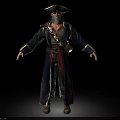 Man Dressed As Pirate With Long Coat Hat Belt Flask And Sword