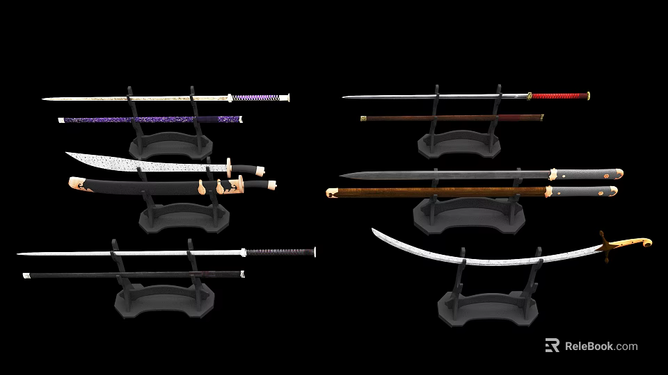 Various Traditional Swords as Weapons on Display Stands with Different Handle Designs and Sharp Blades 3d model 