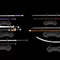 Various Traditional Swords as Weapons on Display Stands with Different Handle Designs and Sharp Blades