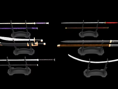 Various Traditional Swords as Weapons on Display Stands with Different Handle Designs and Sharp Blades 3d model