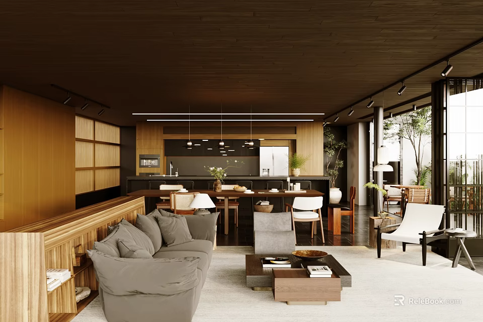 Modern Open Concept Living And Dining Room Interior With Sofa Dining Table And Pendant Lights 3d model 