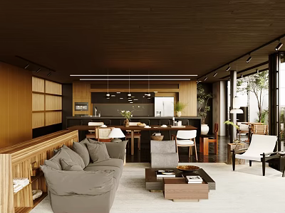 Modern Open Concept Living And Dining Room Interior With Sofa Dining Table And Pendant Lights 3d model