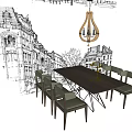 Modern Dining Table Set With Chairs And Pendant Light In Black White Building Sketch Interior
