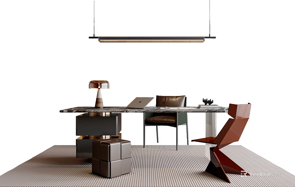 Sleek Modern Table and Chairs With Table Lamp Laptop Geometric Chair and Striped Rug 3d model 