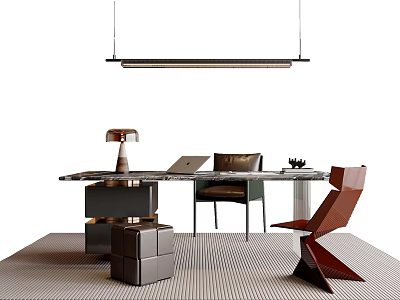 Sleek Modern Table and Chairs With Table Lamp Laptop Geometric Chair and Striped Rug 3d model