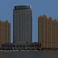 Modern High Rise Hotel Building With Glass Curtain Wall Lighting And Surrounding Buildings