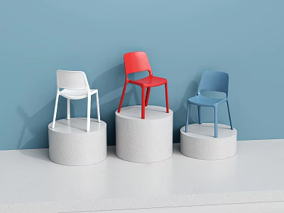 Modern Minimalist White Red Blue Single Chairs on White Cylindrical Pedestals with Light Blue Wall 3d model