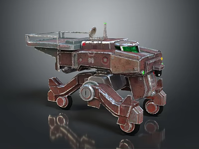 Mechanical Exploration Vehicle With Brown Metallic Structure Green Screen Antenna And Wheels 3d model
