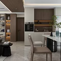 Modern Living Dining Room Interior With Open Layout Dark Leather Sofa And Wooden Shelves