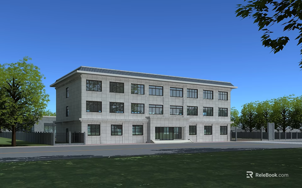 Multi Story Office Building With Gray Exterior Large Windows And Green Lawn 3d model 
