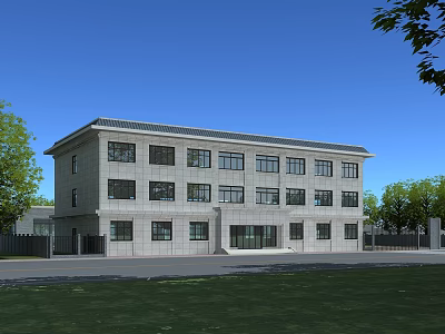 Multi Story Office Building With Gray Exterior Large Windows And Green Lawn 3d model