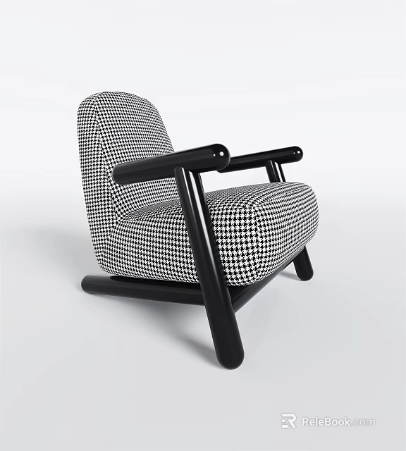 Modern Single Sofa Featuring Black And White Houndstooth Pattern With Black Armrests And Legs 3d model