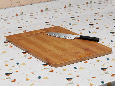 Bamboo Cutting Board With Sharp Knife On Colorful Speckled Kitchen Countertop 3d model