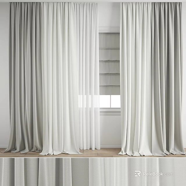 Soft Light Gray And White Curtains In Modern Room With Window And Natural Light 3d model 