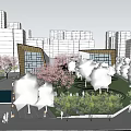 Modern Sales Office Building Featuring Glass Walls Sloped Roof Landscaped Grounds And People Walking