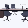 Modern Wooden Office Desk With Computer Monitor Desk Lamp And Gray Chairs