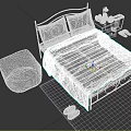 Double Bed with Black Metal Frame Strawberry Pattern Bedding Pink Ottoman and Blue White Rug