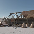 Rustic Thatch Roof Houses In Snowy Landscape With Wooden Frames And Structures