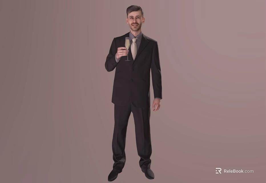 Man In Black Suit Holding Champagne Glass Standing Against Beige Background 3d model 