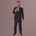 Man In Black Suit Holding Champagne Glass Standing Against Beige Background