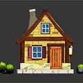 Cute Cartoon House With Orange Roof Brown Door Blue Windows White Walls And Green Bush