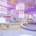 Colorful Purple Kindergarten Open Space Design With Bookshelves Circular Play Area Windows Slide And Toys
