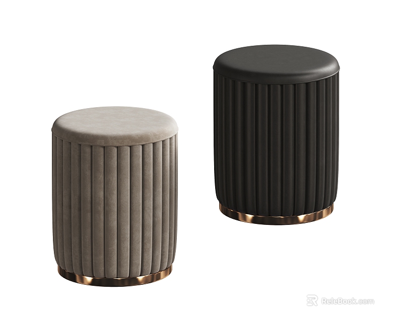 Modern Pleated Velvet Stools in Gray and Black with Gold Metal Bases 3d model 