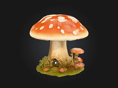 Enchanting Mushroom Figurine With Orange Spotted Cap Small Door And Green Moss 3d model