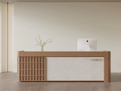 Modern Wooden Bar Counter With Beige Panel Vase Plants And FLAMBE Sign 3d model