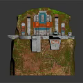 3D Model Of Rock Structure With Green Mossy Surface Red Blue White Building And Platforms