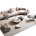 Modern Beige L-shaped Sofa and Round Marble Coffee Table Set with Throw Pillows and Green Plant
