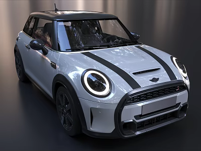 White MINI Car With Black Racing Stripes Round Headlights And Black Wheels Modern Design 3d model