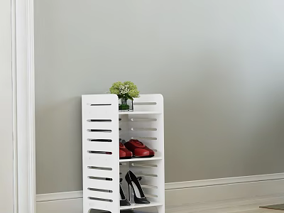 White Open Design Shoe Cabinet With Multi Tier Slatted Shelves And Potted Green Plant 3d model