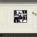 Elegant Interior Paneled Background Wall With Black And White Abstract Painting And Green Plant